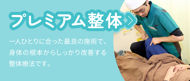プレミアム整体：一人ひとりに合った最良の施術で、身体の根本からしっかり改善する整体療法です。